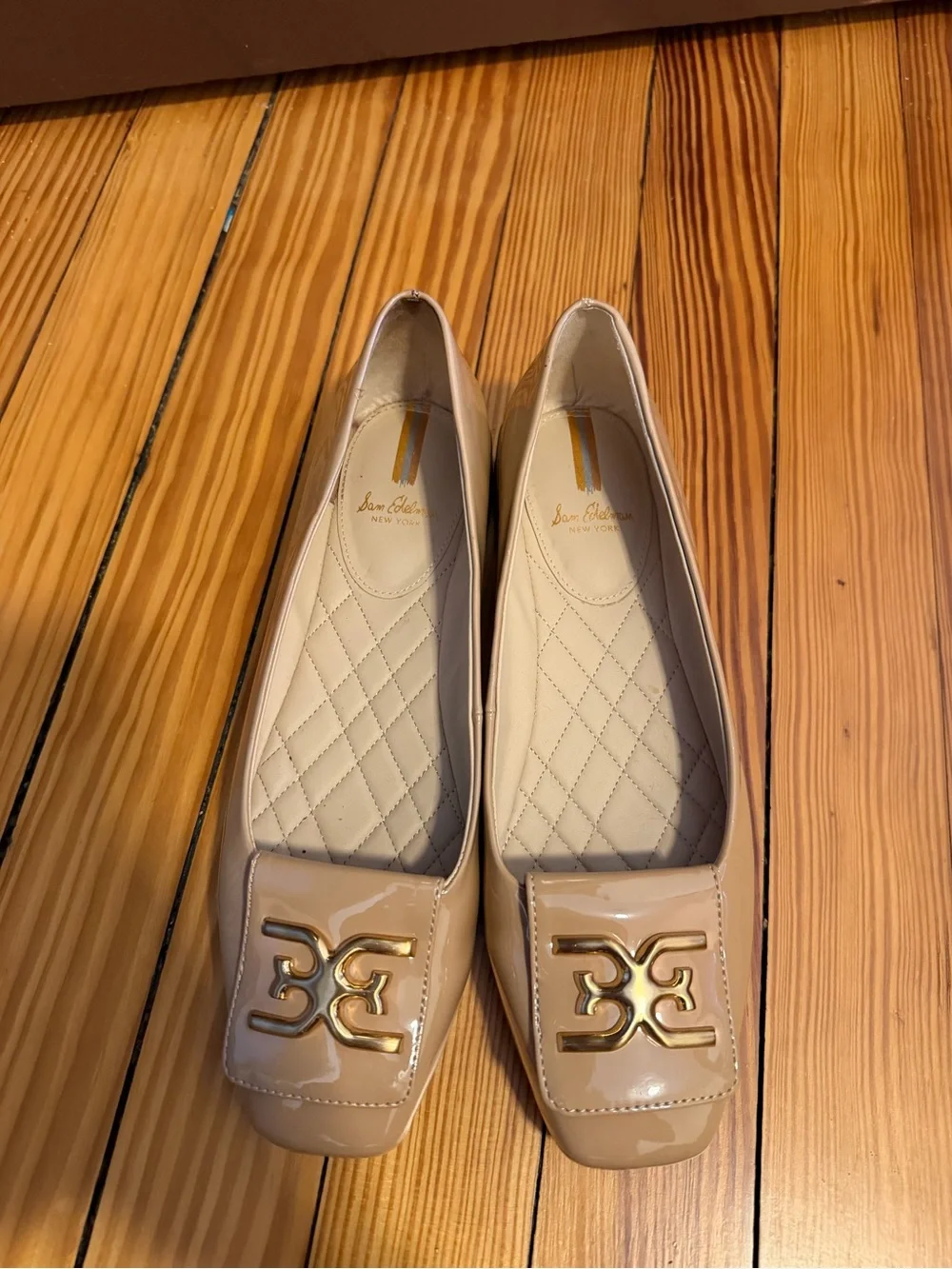 Sam Edelman Nude Patent Loafers with Gold Chain Detail